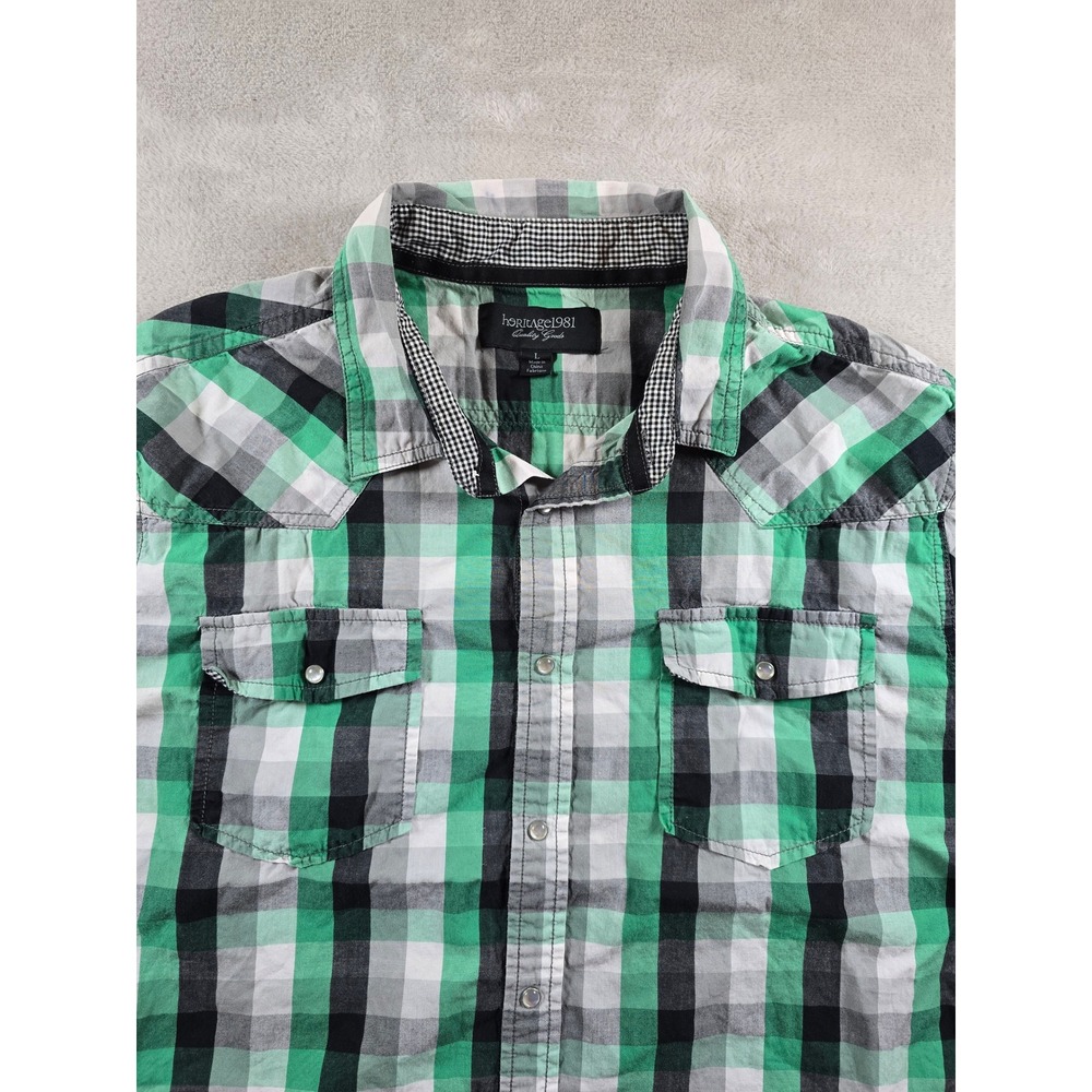 Heritage 1981 Shirt Mens L Fit S Greeen‎ Plaid Western Short Sleeve Pearl Snap